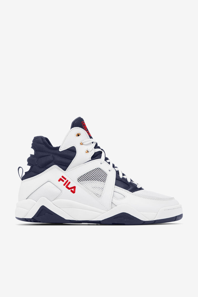 Men's Fila Cage Mid Top Basketball Shoes | Fila Sneakers White / Red / Blue | zhjpgR4ISiI