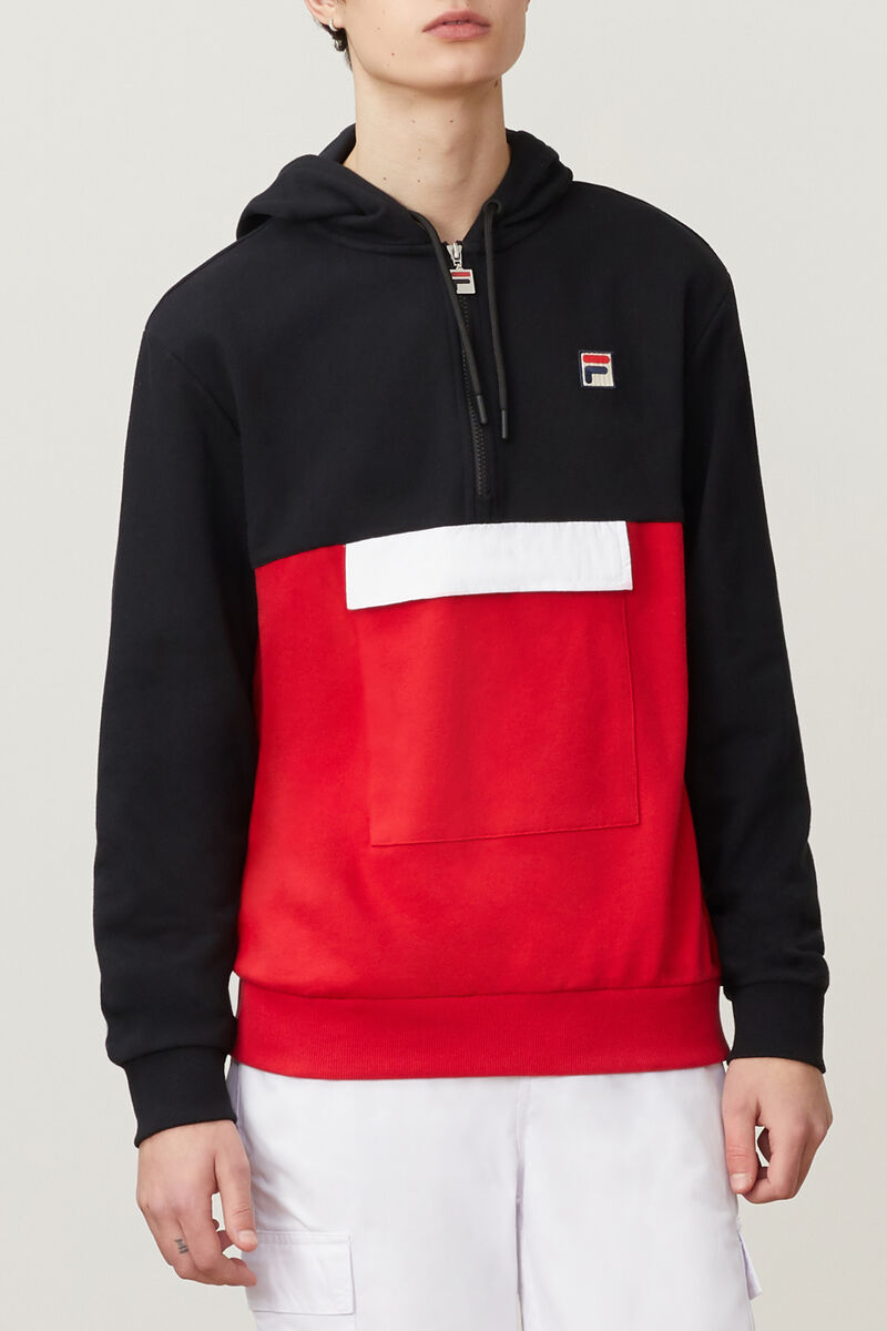 Men's Fila Hector 1/2 Zip Hoodie Hoodies Black / Red / White | QNXq1ncGvHc