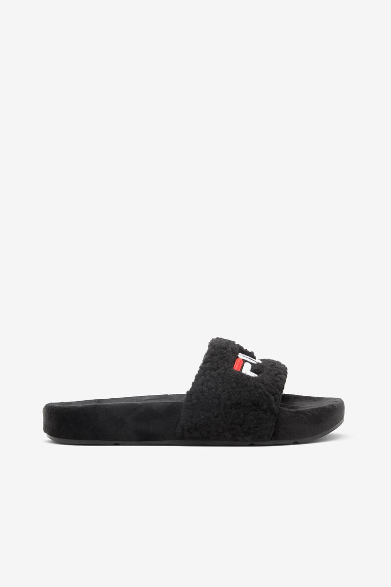 Women's Fila Fuzzy Drifter Sandals Black / Red / White | 2uNXg9vPM1N