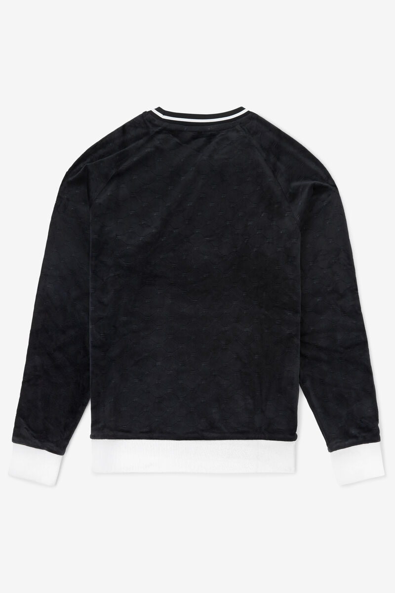 Men's Fila Cosmo Velour Crew Sweatshirts Black / White | rkQM2Xg83e7