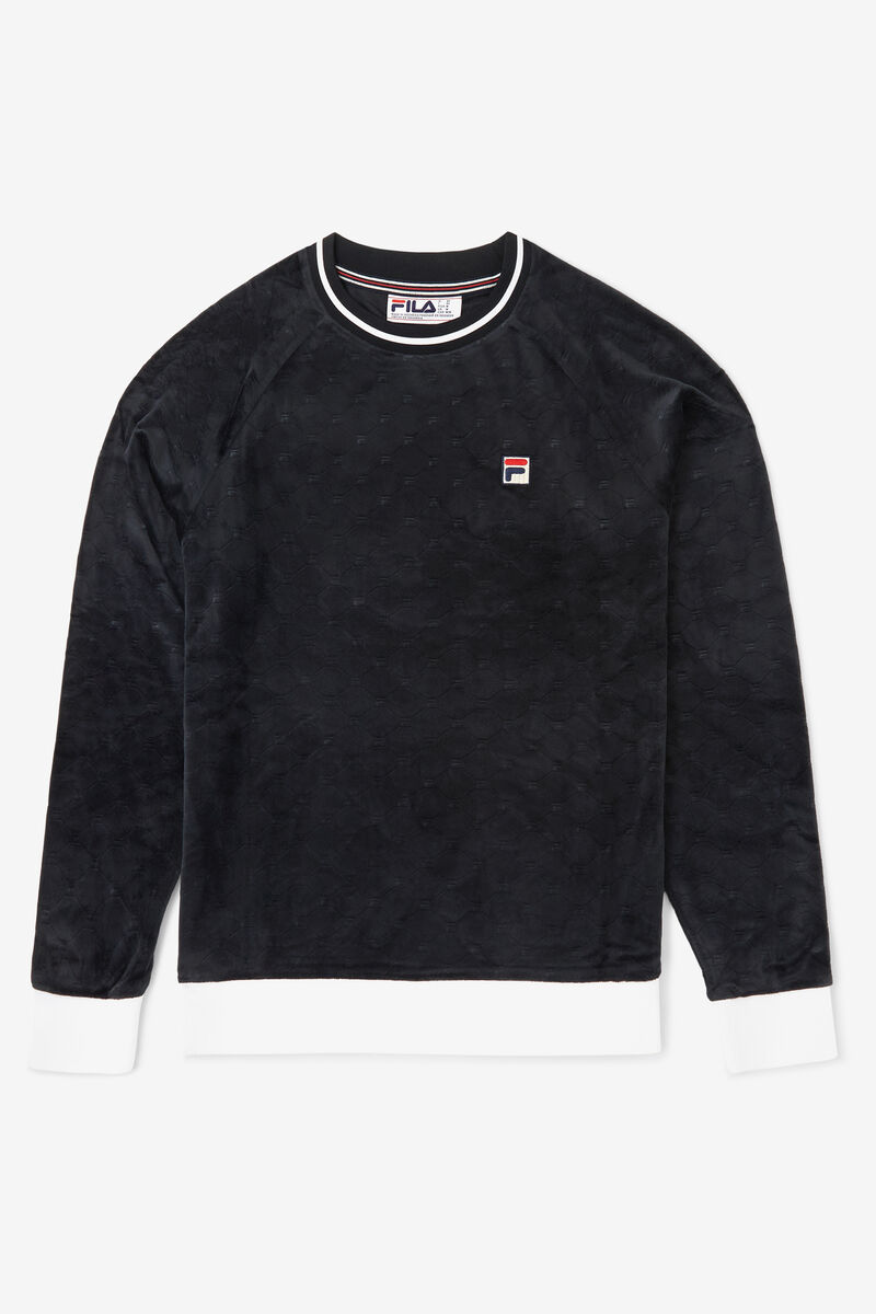 Men\'s Fila Cosmo Velour Crew Sweatshirts Black / White | rkQM2Xg83e7