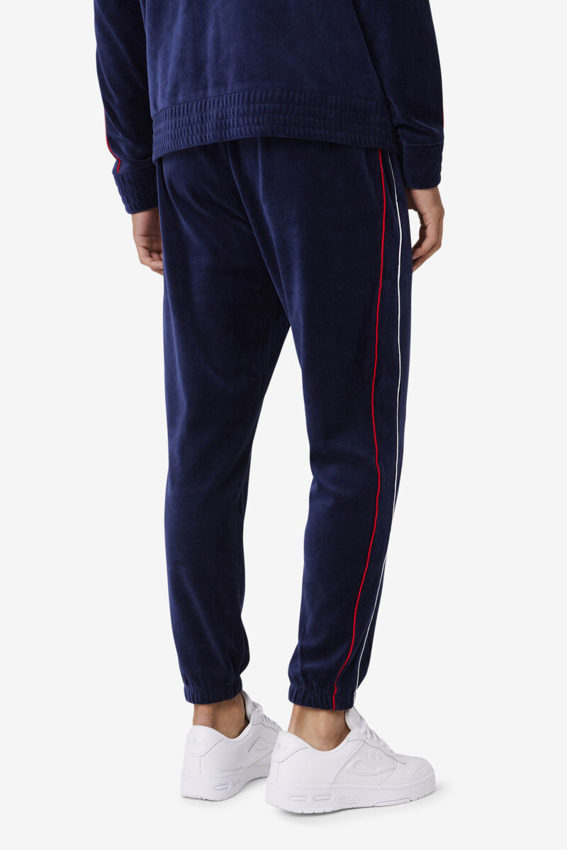 Men's Fila Deverall Velour Pant Pants Navy / White / Red | vkbLphnCPh3