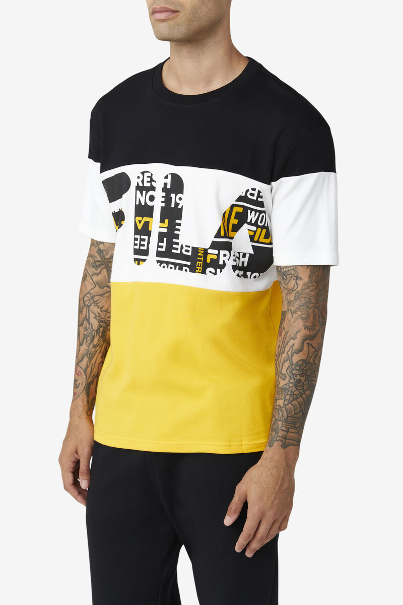 Men's Fila Johnson T Shirts Black / Yellow / White | 3Od4NnKk3cd