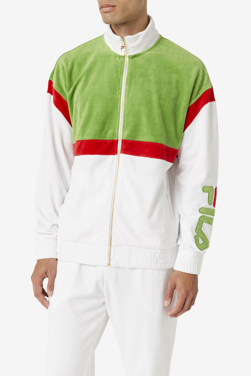 Men's Fila Mansur Velour Jacket Tracksuits White / Green / Red | 48MSJtIfLaz