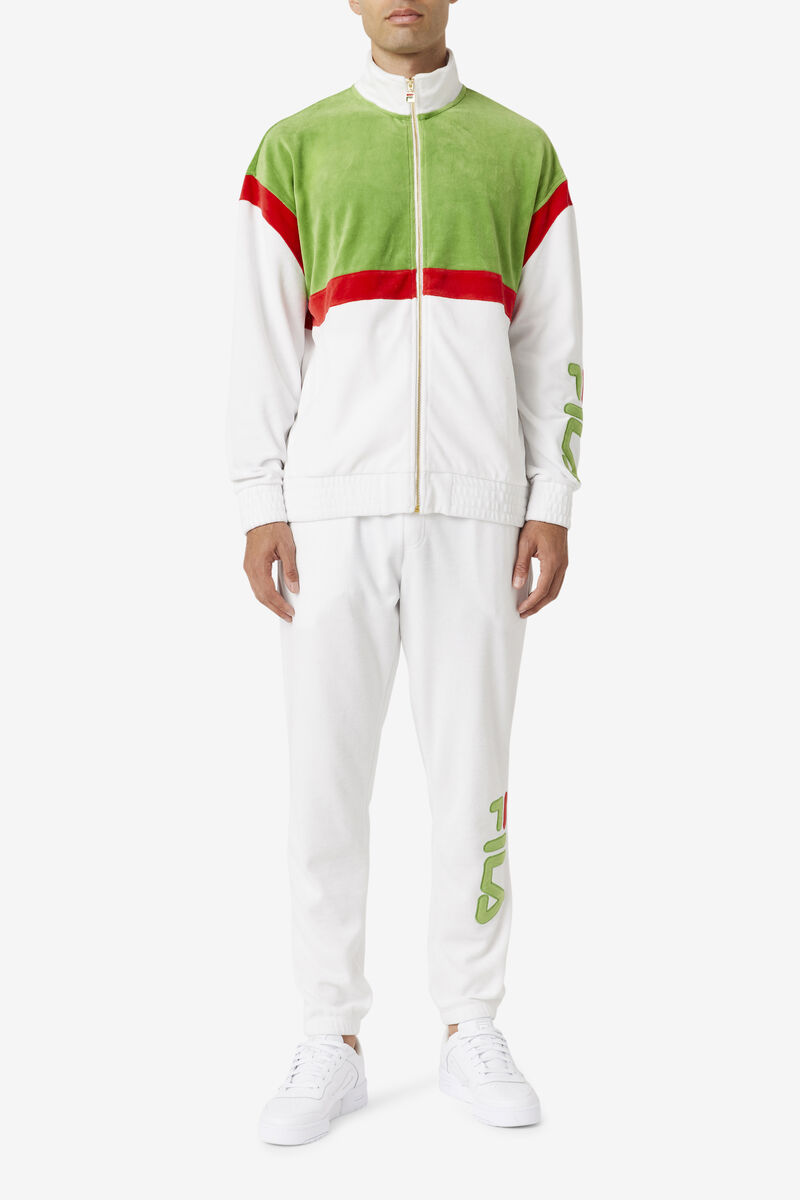 Men's Fila Mansur Velour Jacket Tracksuits White / Green / Red | 48MSJtIfLaz