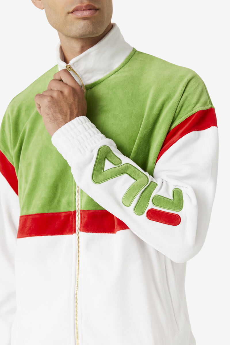Men's Fila Mansur Velour Jacket Tracksuits White / Green / Red | 48MSJtIfLaz