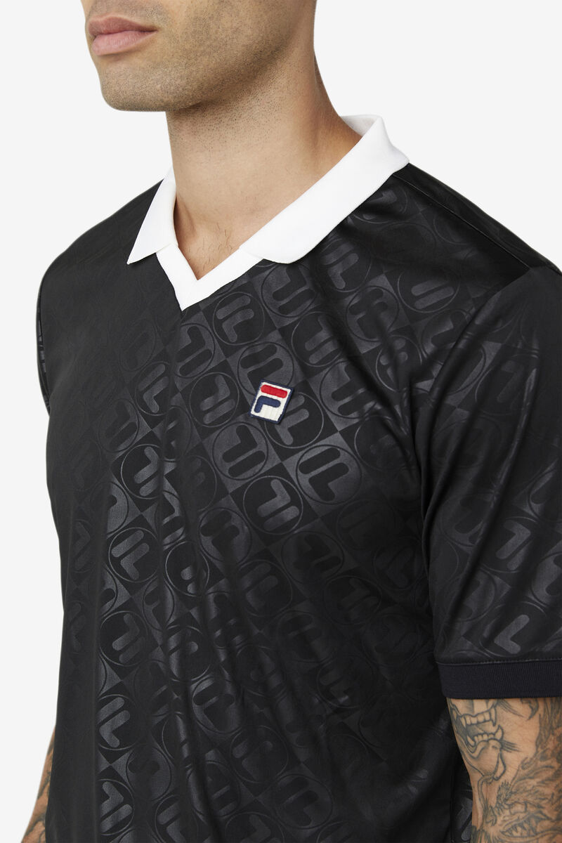 Men's Fila Paxton Johnny Collar Polo Polos Black / White | ZhrfvFFgcKm