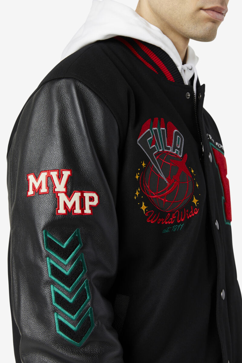 Men's Fila Raddix Varsity Jacket Jackets Black / Red / Green | 7eLfdSQOvla