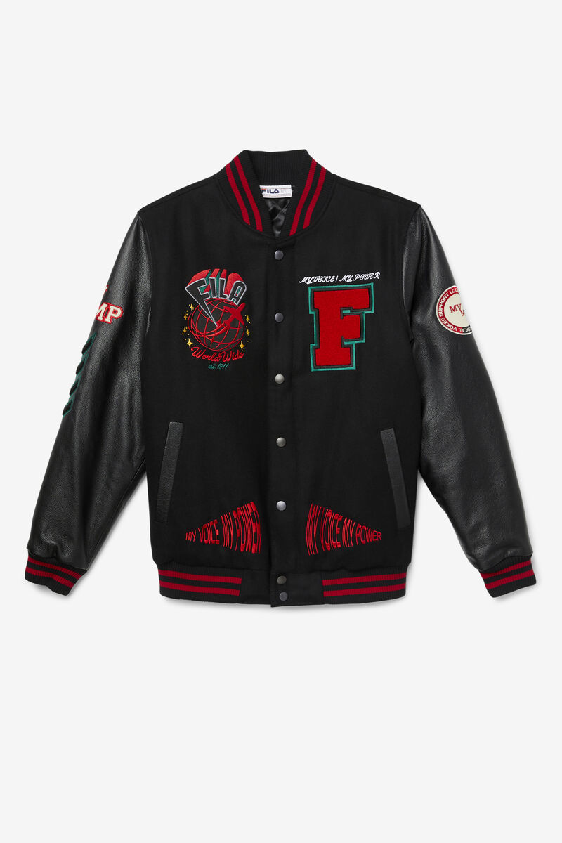 Men\'s Fila Raddix Varsity Jacket Jackets Black / Red / Green | 7eLfdSQOvla