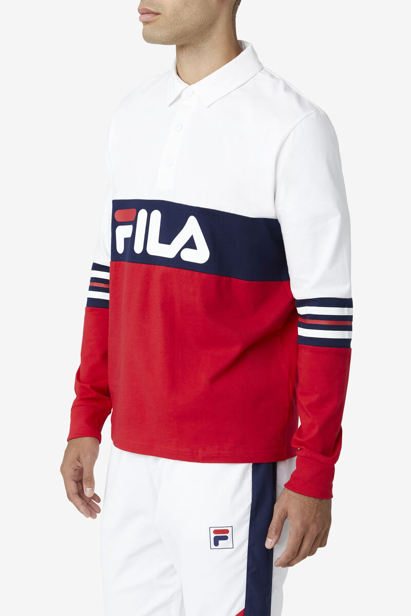 Men's Fila Syd Long Sleeve Polo Polos White / Red / Navy | kSN6UIfmdDy