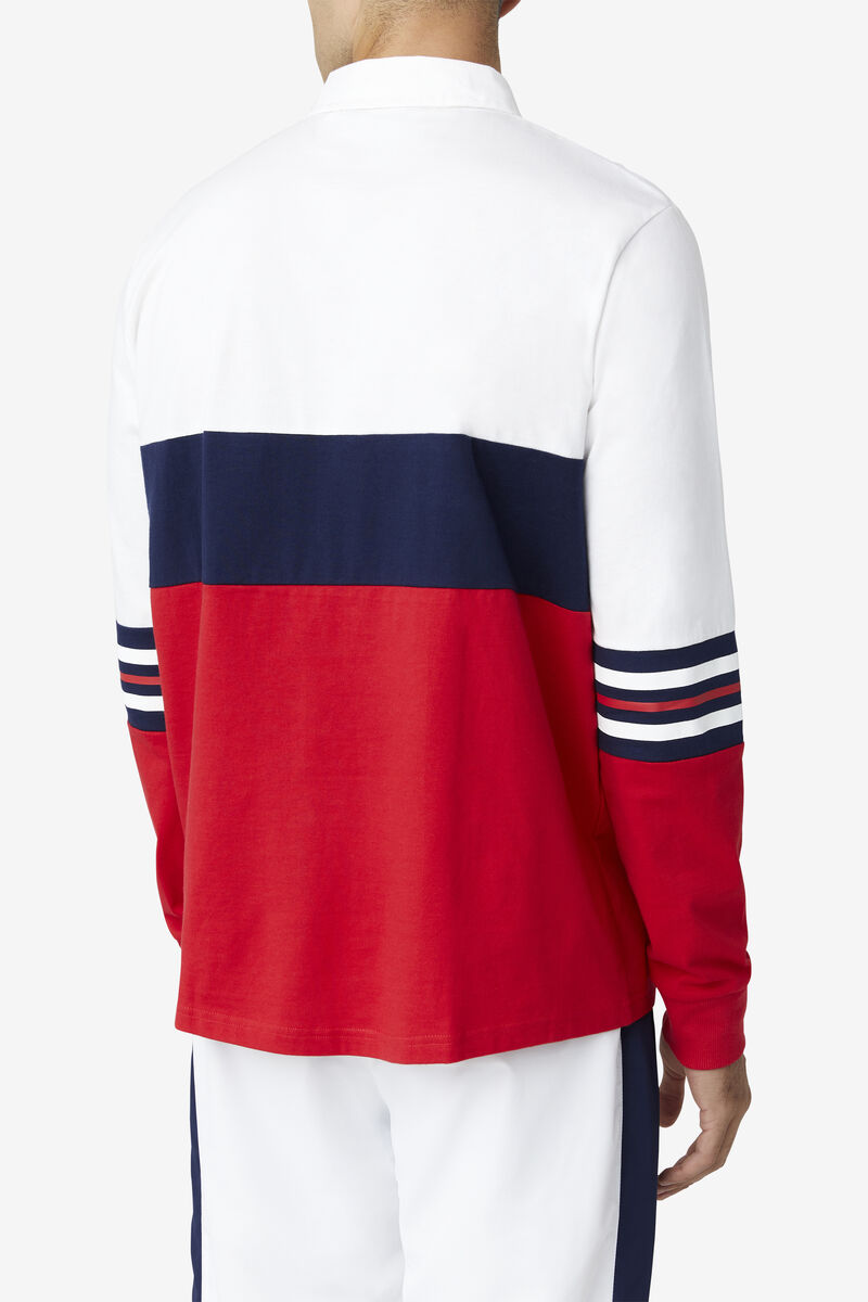Men's Fila Syd Long Sleeve Polo Polos White / Red / Navy | kSN6UIfmdDy