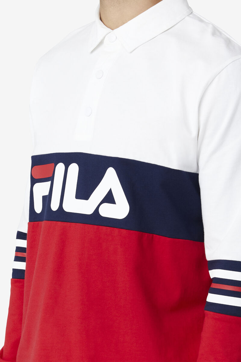 Men's Fila Syd Long Sleeve Polo Polos White / Red / Navy | kSN6UIfmdDy