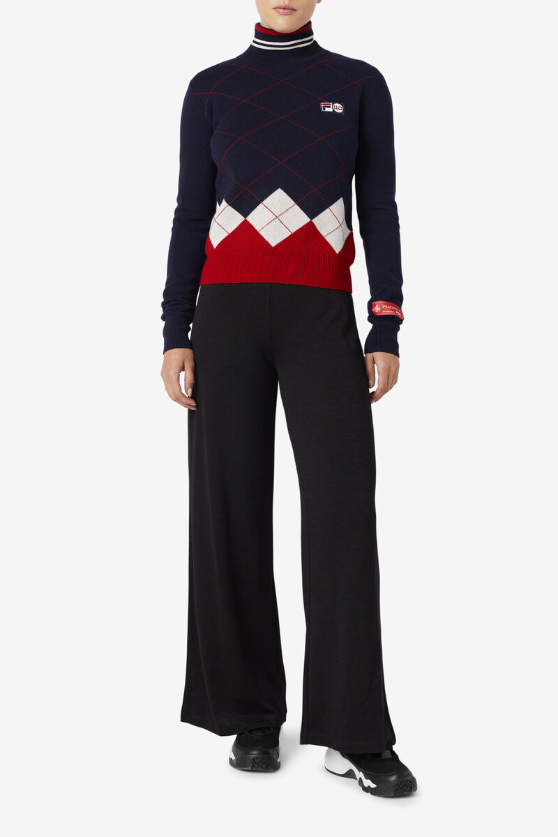 Women's Fila 110 Argyle Mock Turtle Neck Cashmere Sweater Sweaters Navy / White / Red | oq9cA9lYzXT