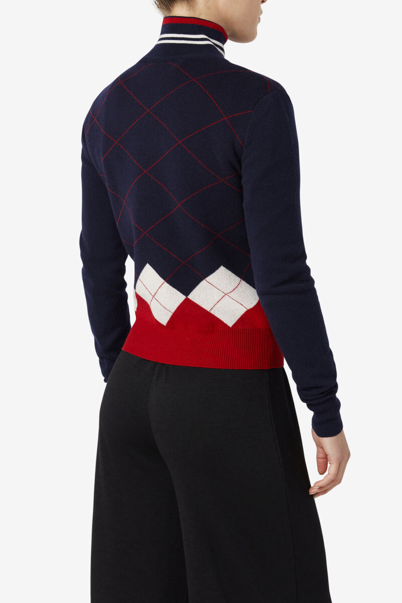 Women's Fila 110 Argyle Mock Turtle Neck Cashmere Sweater Sweaters Navy / White / Red | oq9cA9lYzXT