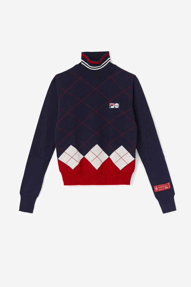 Women\'s Fila 110 Argyle Mock Turtle Neck Cashmere Sweater Sweaters Navy / White / Red | oq9cA9lYzXT