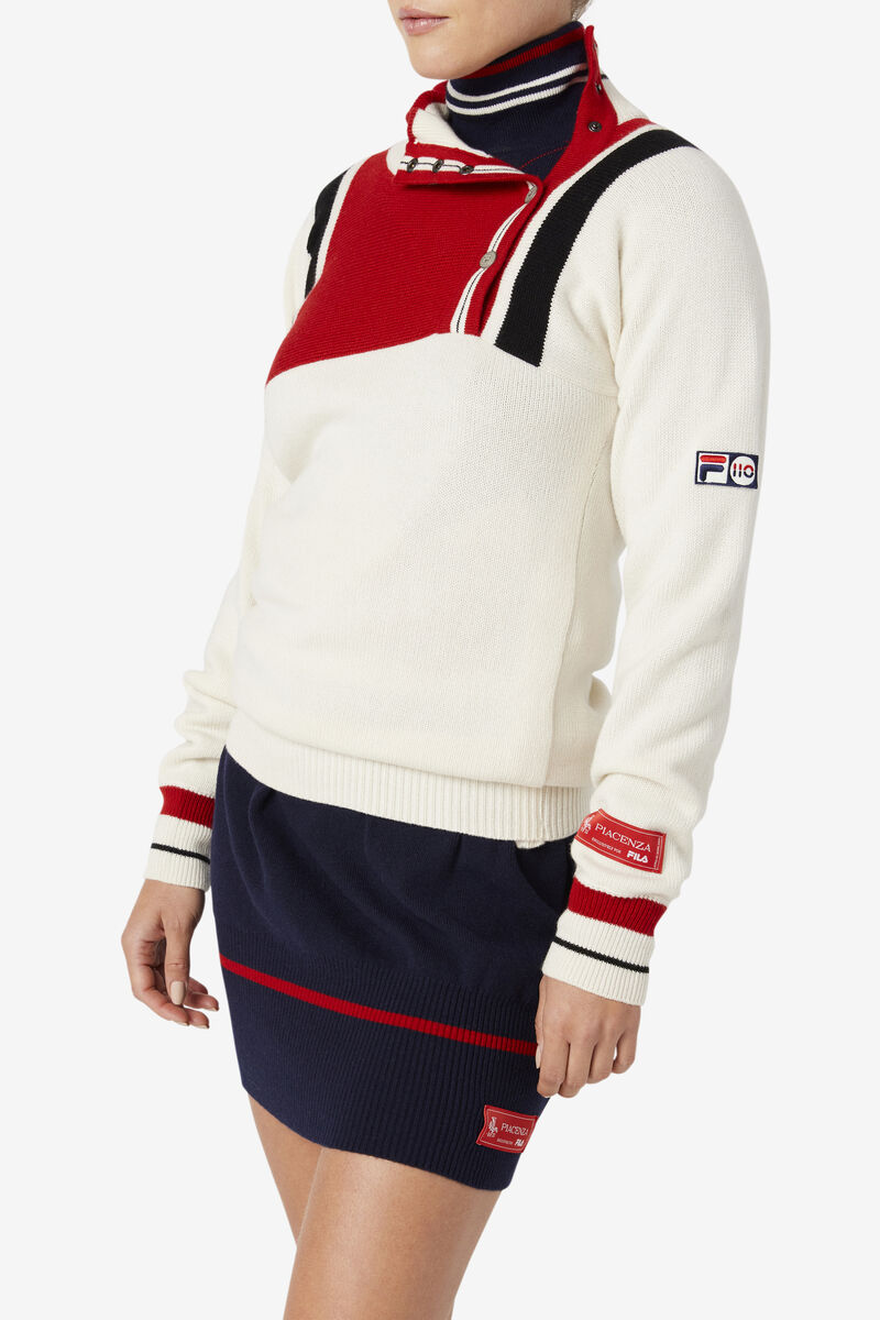 Women's Fila 110 White Rock Button Fly Cashmere Jumper Sweaters White / Red / Navy | o7qMswxNIw8