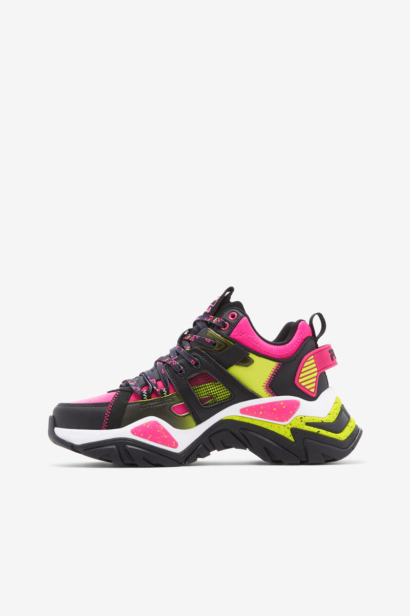Women's Fila Cage Mid Mixed Media Sneakers Black / White / Pink | C5fakhk2JXu