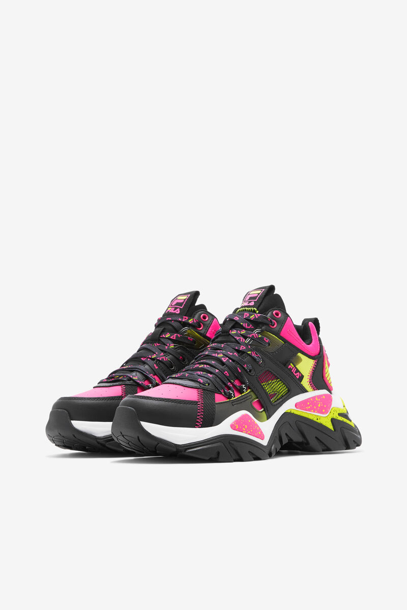 Women's Fila Cage Mid Mixed Media Sneakers Black / White / Pink | C5fakhk2JXu