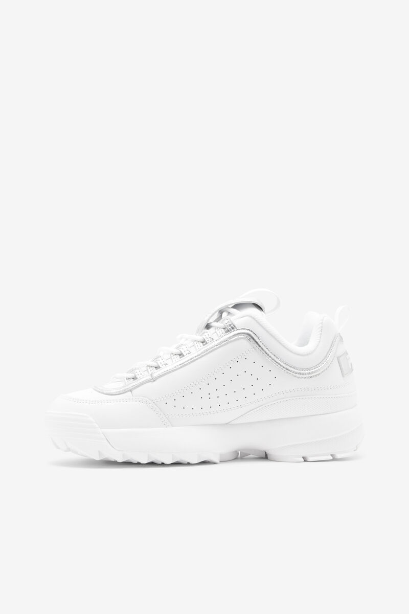 Women's Fila Disruptor 2 Creased Metallic Platform Shoes White / White / Metal Silver | g9yk2DF93XC